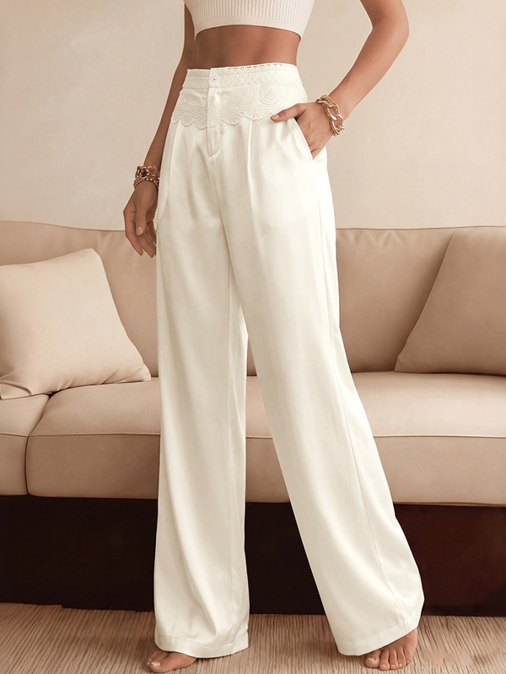 ♥️Hello Gorgeous! High-Waist Wide-Leg Lace Trim Pants - White